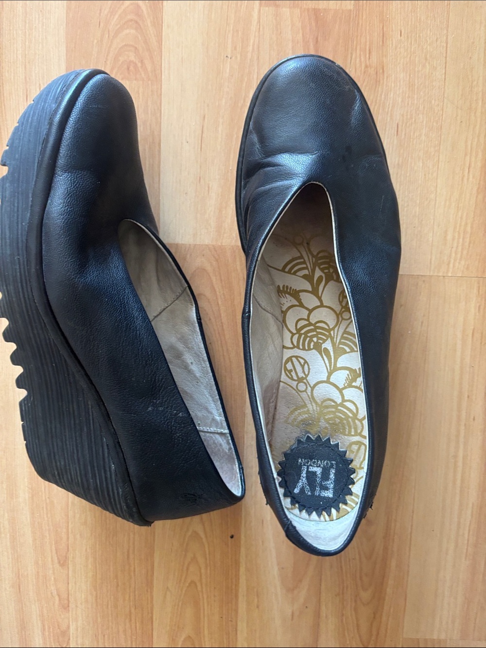 Fly London Black Leather Platform Slip-On Wedge